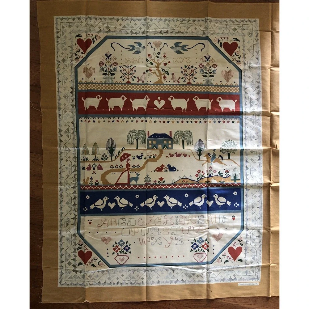 Vtg Cuddle Prints Cheater Quilt Fabric Primitive Folk Art Large Panel 36x45 USA